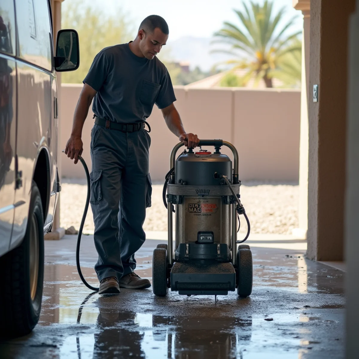 Commercial weighted water extraction machine evacuating standing flood water from residence