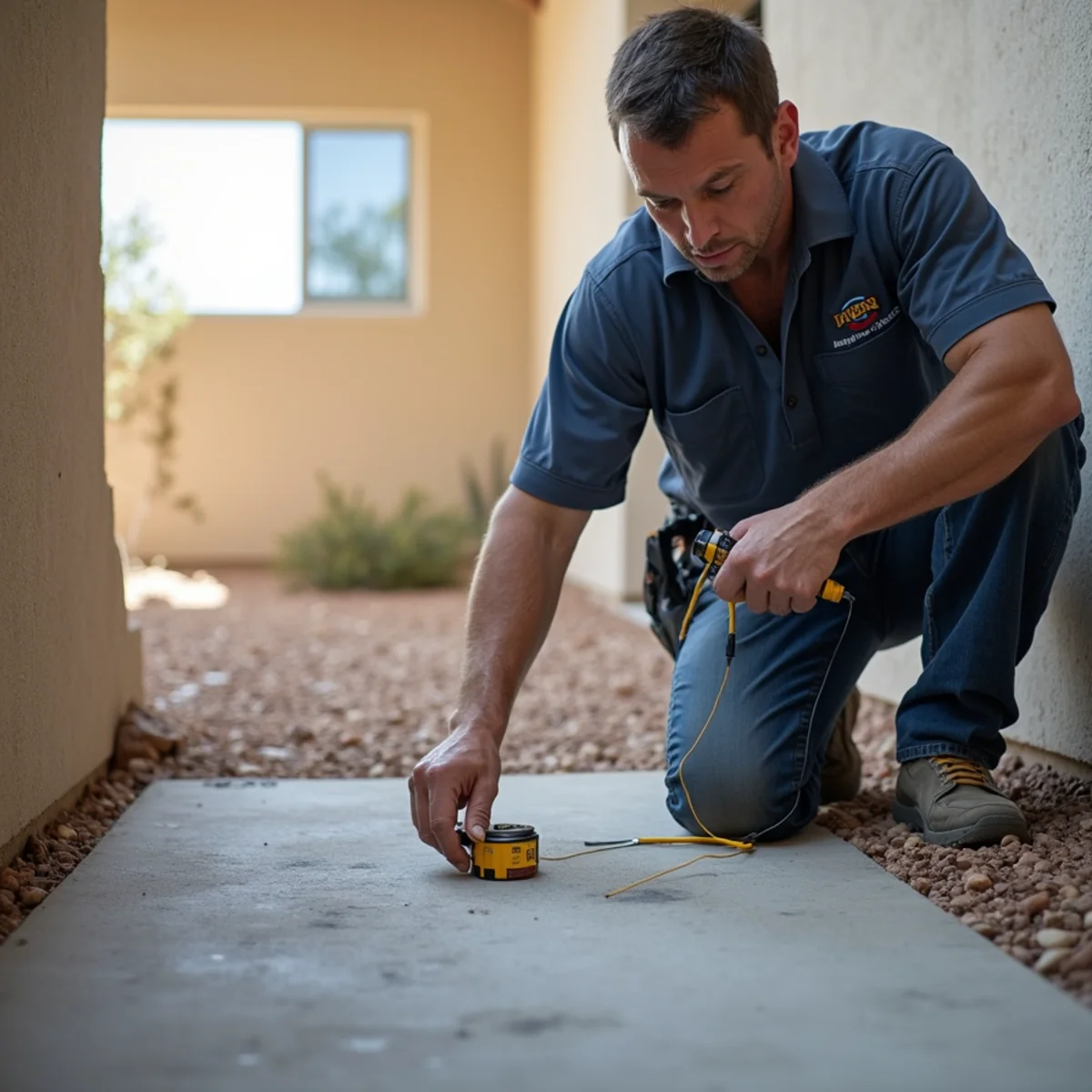 Acoustic detection equipment tracing hidden foundation slab leak beneath concrete floor
