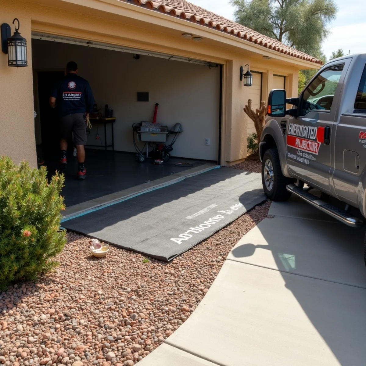 Flood containment barriers deployed at Las Vegas home entrance during monsoon cleanup